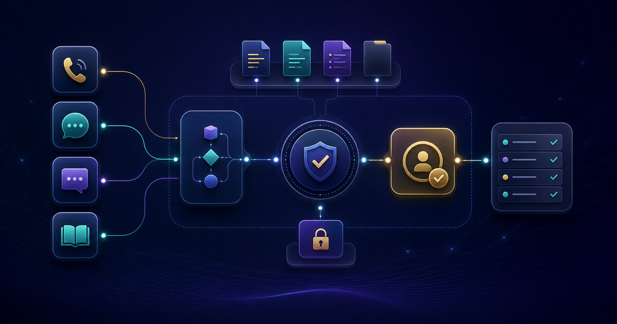 Illustration of governed AI agents connecting voice, messaging, website chat and knowledge sources to human approval
