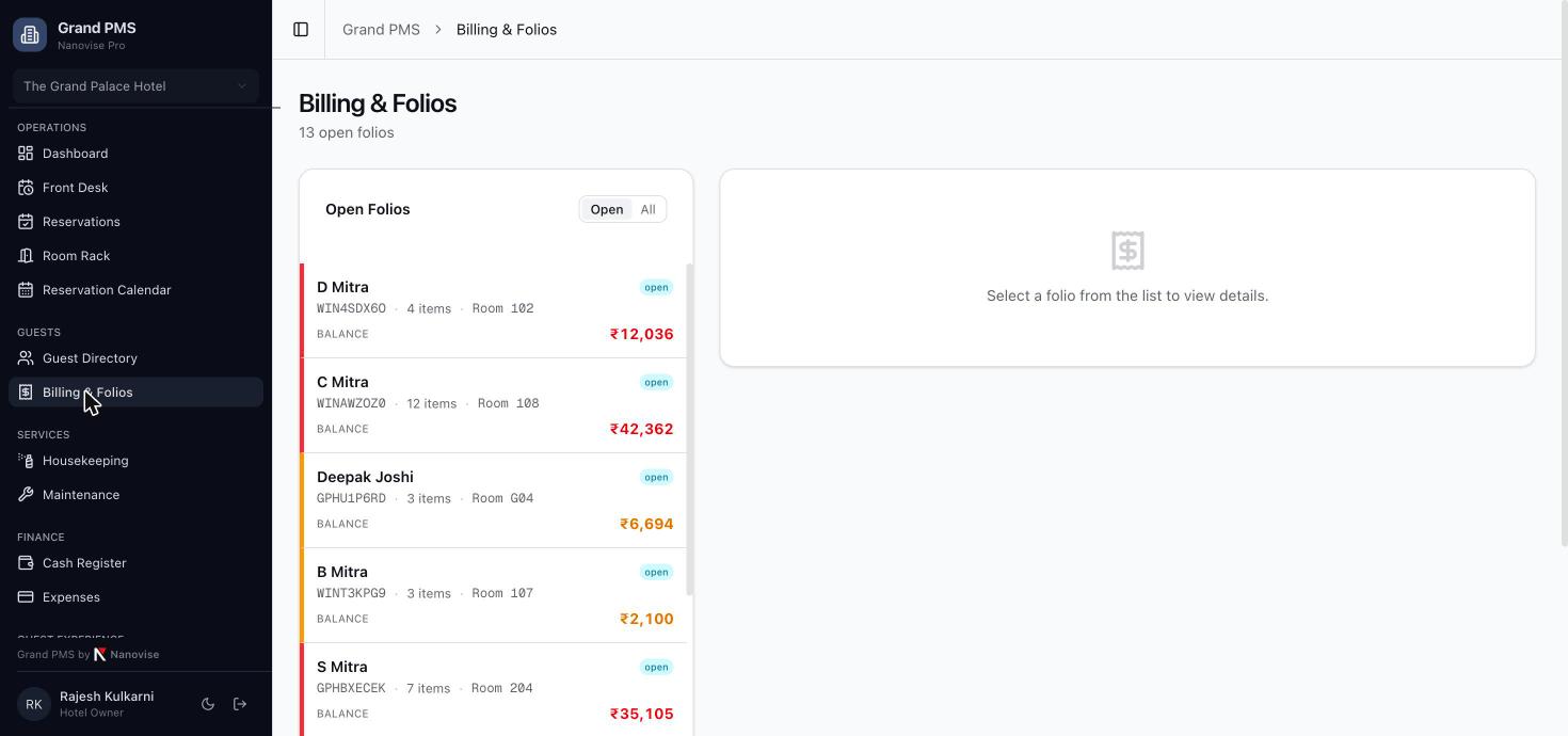 Free Hotel Management Software (Cloud PMS) for Small Hotels — Free Forever up to 20 Rooms 6 Grand PMS billing and folios list with open balances by room