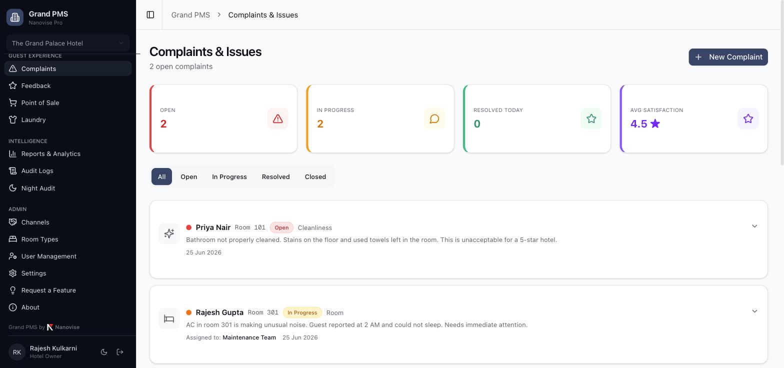 Free Hotel Management Software (Cloud PMS) for Small Hotels — Free Forever up to 20 Rooms 13 Grand PMS complaints and issues log with open, in-progress and resolved counts, average satisfaction and complaints assigned to staff by room