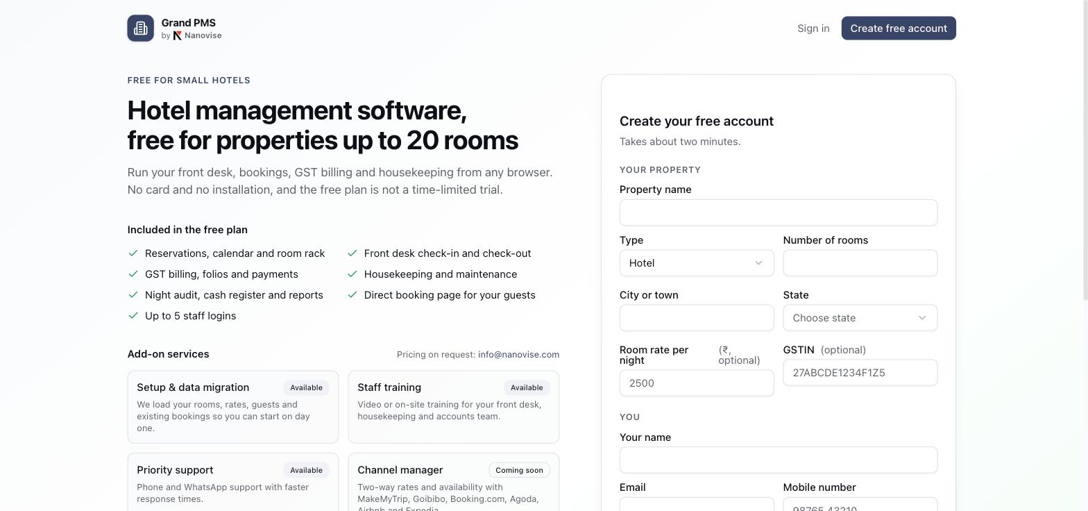 Free Hotel Management Software (Cloud PMS) for Small Hotels — Free Forever up to 20 Rooms 15 Grand PMS free account signup form for hotels, homestays and guest houses