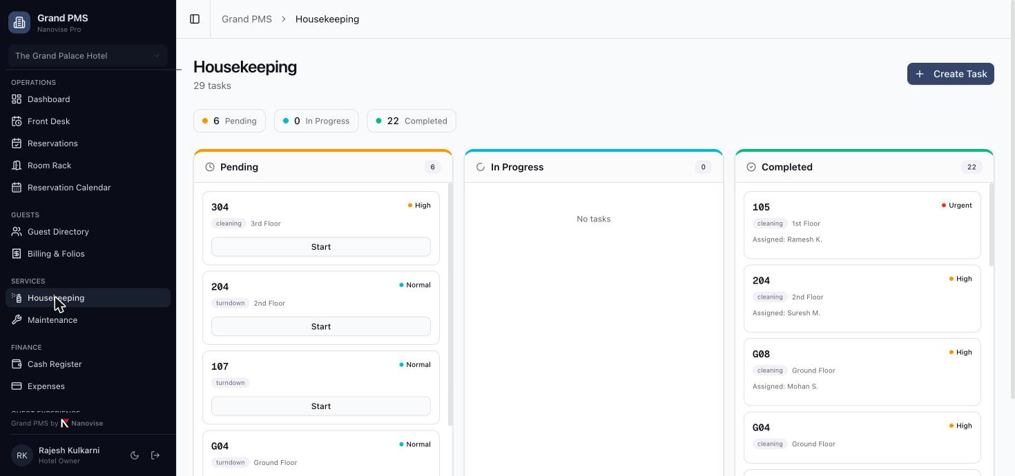 Free Hotel Management Software (Cloud PMS) for Small Hotels — Free Forever up to 20 Rooms 7 Grand PMS housekeeping board with pending, in-progress and completed cleaning and turndown tasks by room
