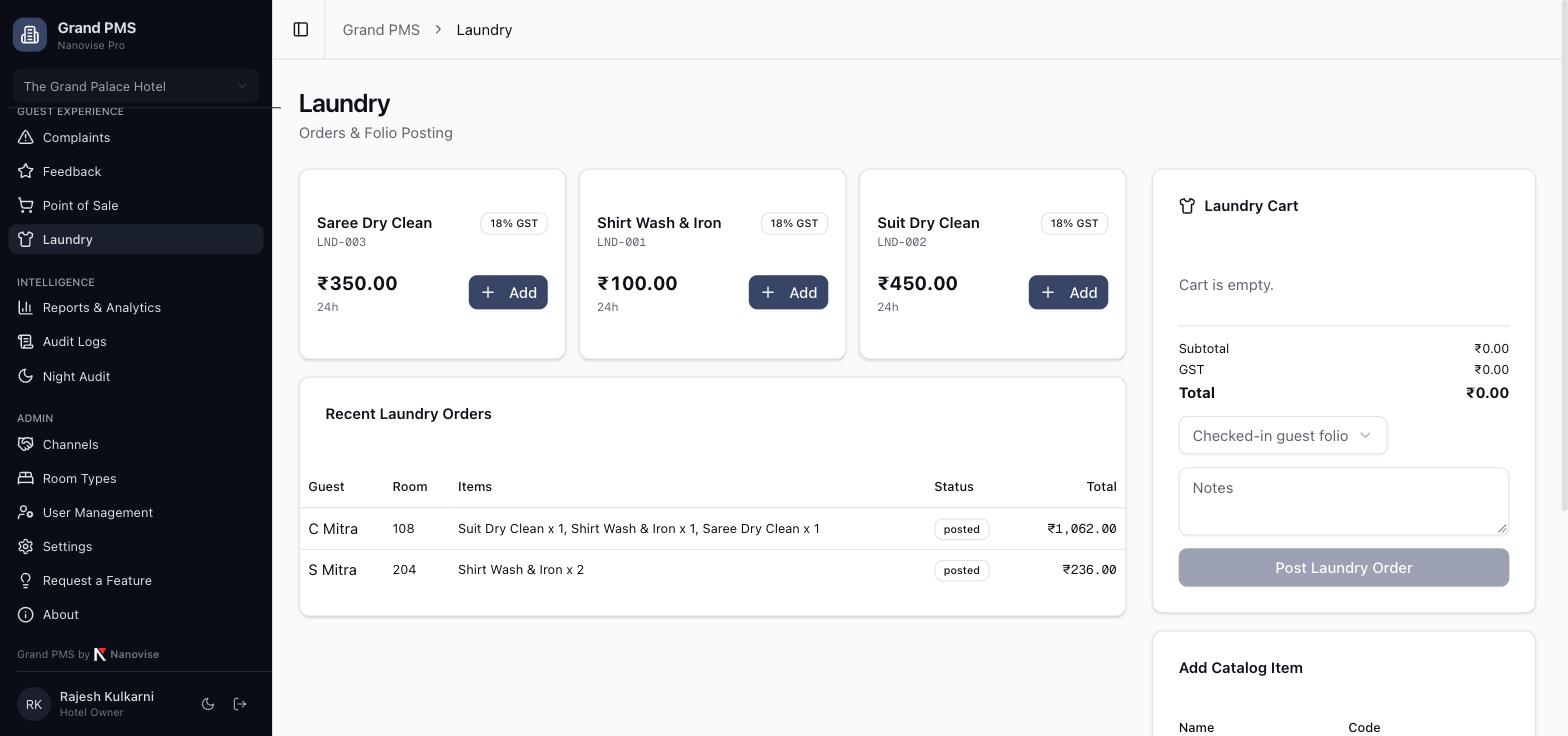 Free Hotel Management Software (Cloud PMS) for Small Hotels — Free Forever up to 20 Rooms 12 Grand PMS laundry module with priced laundry items, recent orders by guest and room, and posting to the guest folio