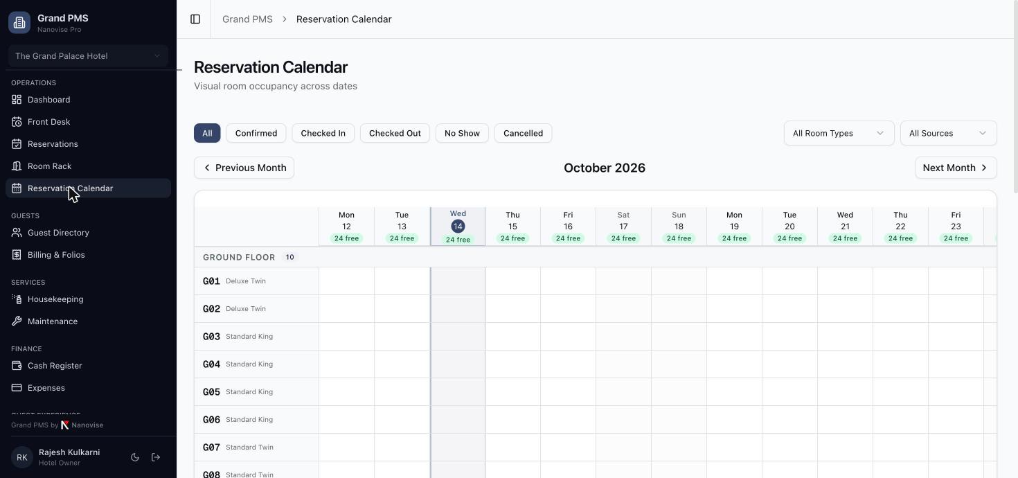 Free Hotel Management Software (Cloud PMS) for Small Hotels — Free Forever up to 20 Rooms 3 Grand PMS reservation calendar with room occupancy across dates and status filters